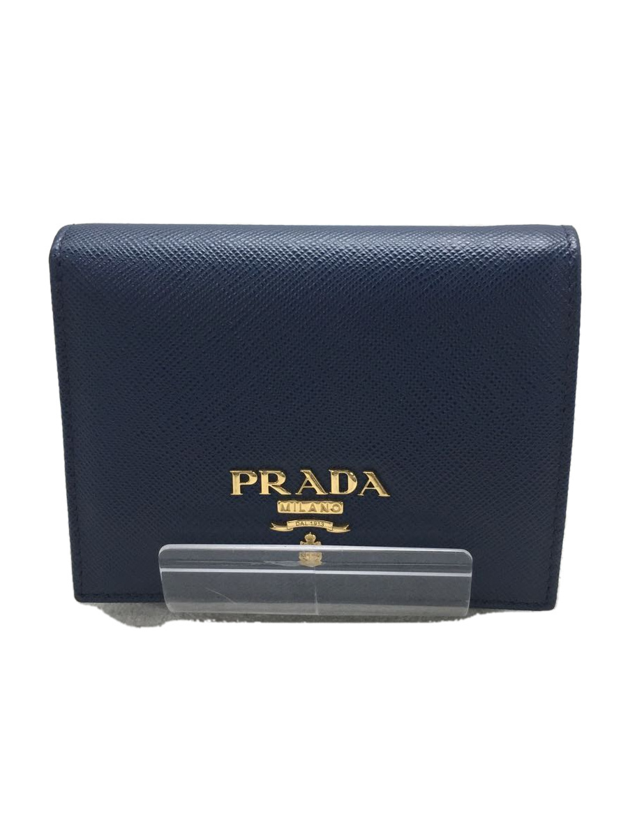 PRADA◇2ツ折サイフ/サフィアーノレザー/牛革/BLU/無地/ユニセックス