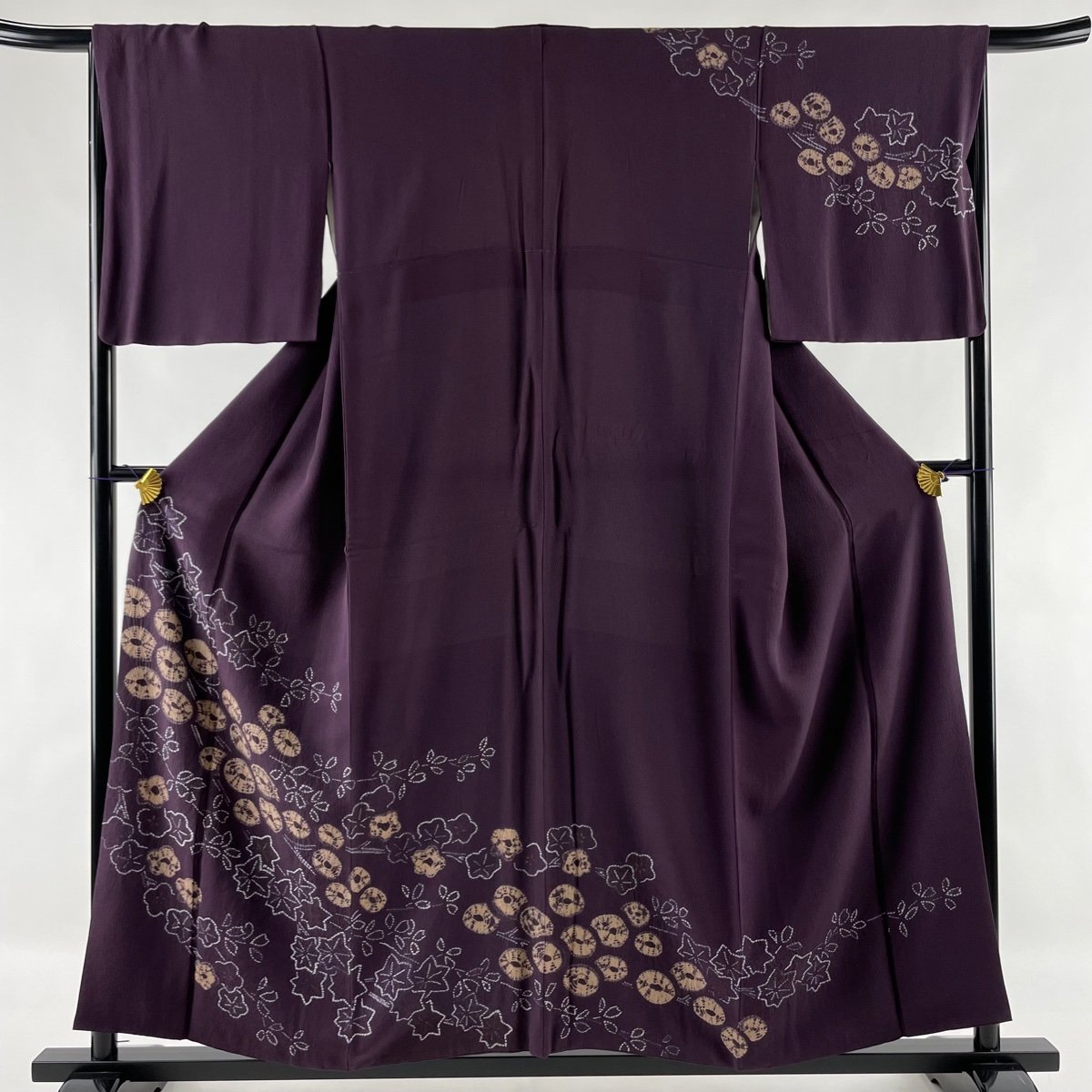 訪問着 秀品 梅 楓 絞り 紫 袷 身丈157cm 裄丈65.5cm M 正絹 【中古】