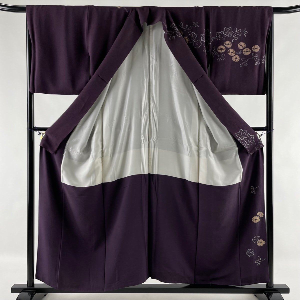 訪問着 秀品 梅 楓 絞り 紫 袷 身丈157cm 裄丈65.5cm M 正絹 【中古】