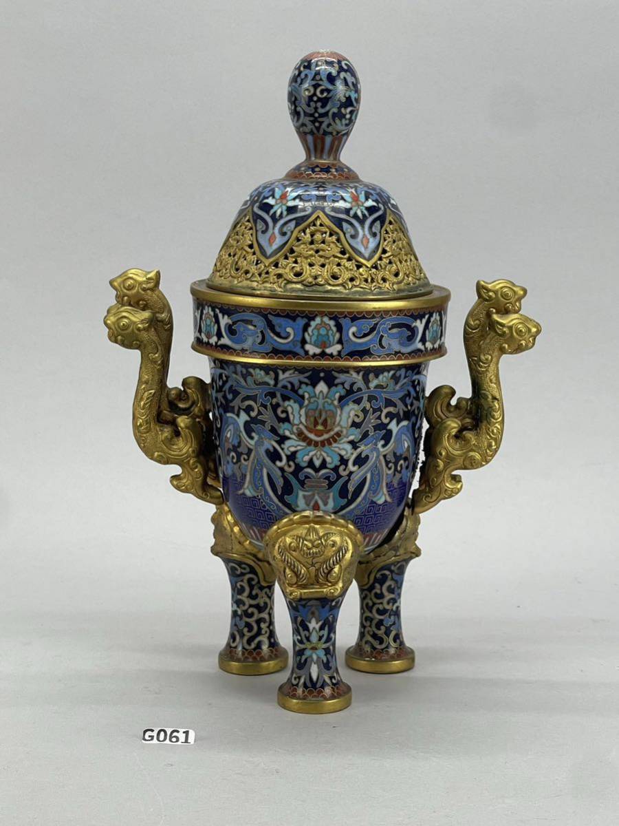 庄梅-G061-80 中国美術 清時代 景泰藍 琺瑯 獣足 龍耳 香炉 香道具