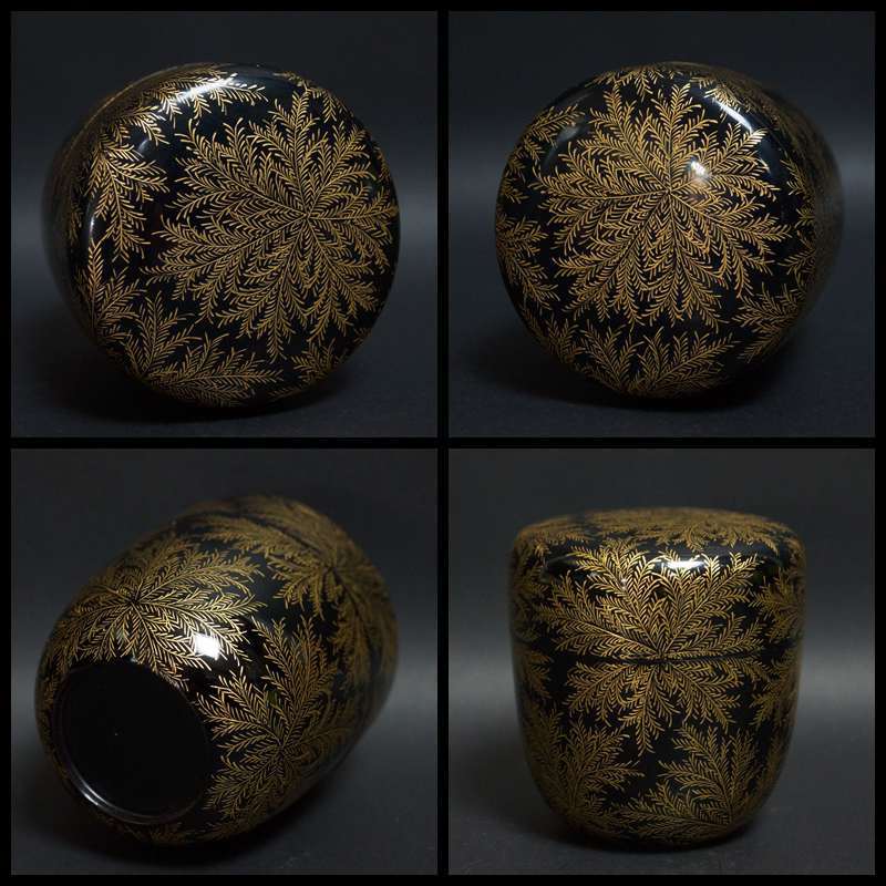 輪島塗 共箱 石田漆器店謹製 天然木 茶道具 棗 黒塗 シダ文 沈金蒔絵
