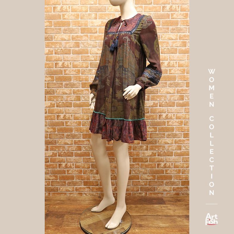 1円/春夏/REPLAY/XSサイズ/ネイティブ プリント Aライン フレア ワンピース インポート リプレイ 新品/ボルドー×カーキ/gz885/