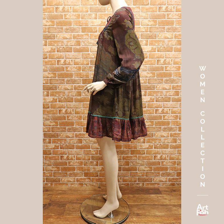 1円/春夏/REPLAY/XSサイズ/ネイティブ プリント Aライン フレア ワンピース インポート リプレイ 新品/ボルドー×カーキ/gz885/