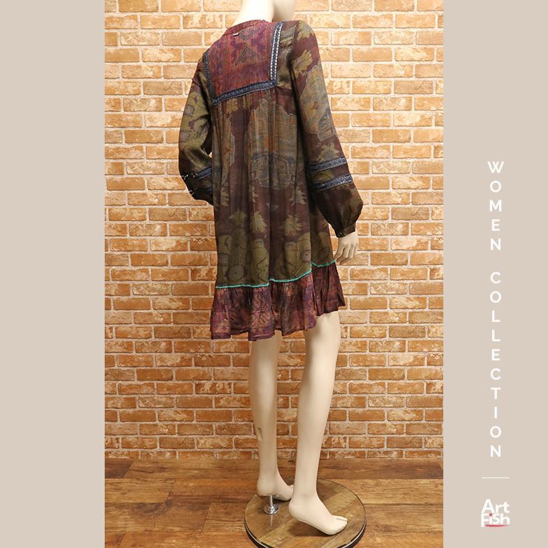 1円/春夏/REPLAY/XSサイズ/ネイティブ プリント Aライン フレア ワンピース インポート リプレイ 新品/ボルドー×カーキ/gz885/