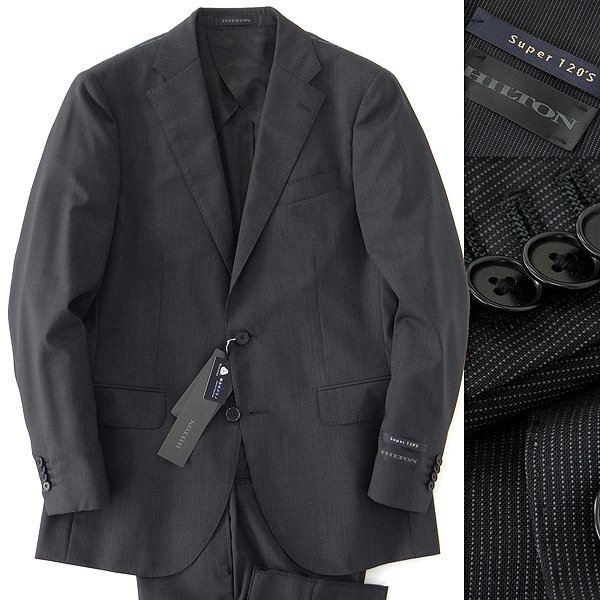 新品 ヒルトン 春夏 メリノ SUPER120's ピンストライプ 2パンツ スーツ YA6(細身L) 黒 【J56673】 メンズ HILTON ウール スペア サマー