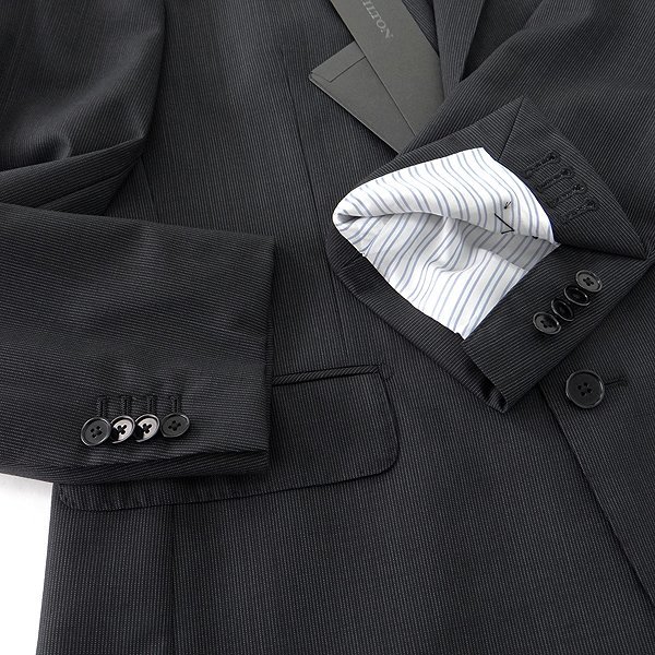 新品 ヒルトン 春夏 メリノ SUPER120's ピンストライプ 2パンツ スーツ YA6(細身L) 黒 【J56673】 メンズ HILTON ウール スペア サマー