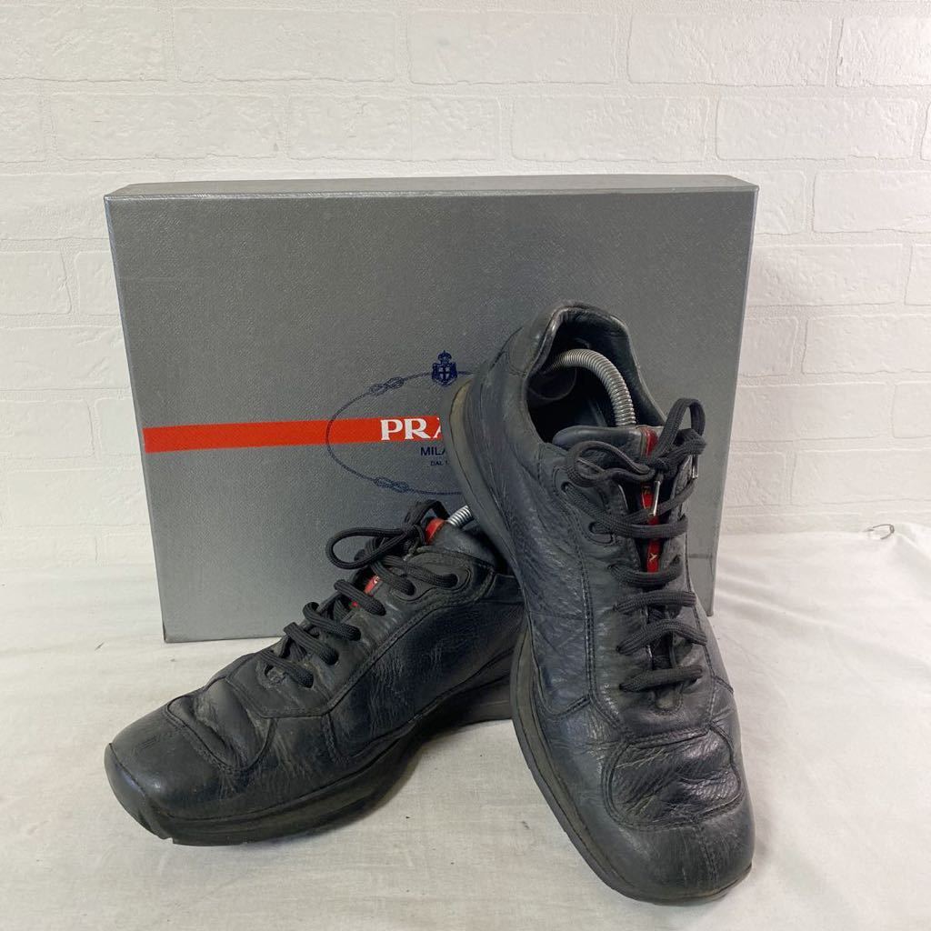 3394☆ PRADA プラダ レザースニーカー レースアップシューズ スポーツ カジュアル メンズ 8.5 ブラック 箱付き