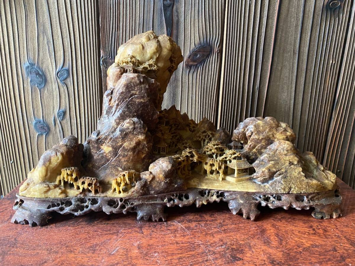 中国美術寿山石 中国美術 鑑賞石 天然石 細密楼閣山水彫刻 寿山石 中国