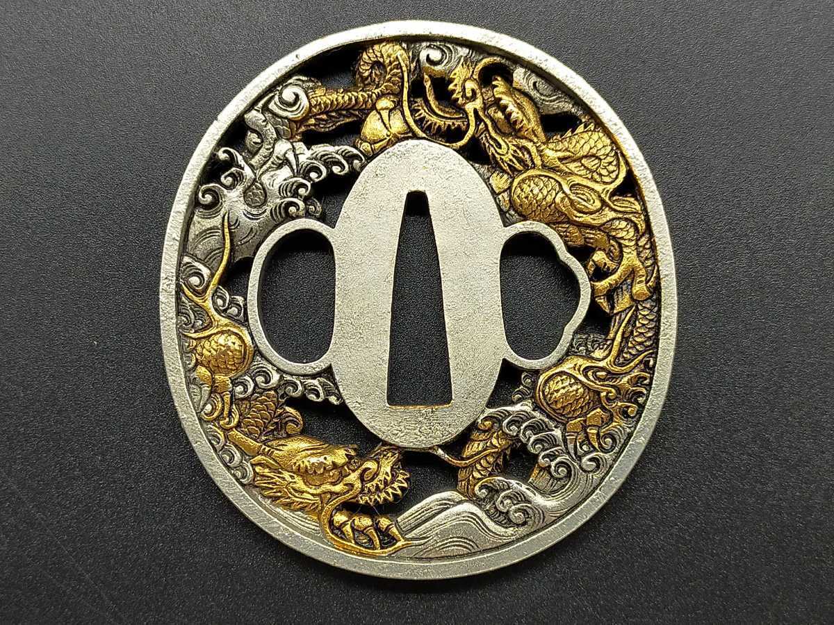 XG93　日本刀装具　刀鍔　龍の図　銅地　細工　絵金銀　刀剣美術　武道具 XG93 日本刀装具 刀鍔 龍の図 銅地 細工 絵金銀 刀剣美術 武道具 XG93