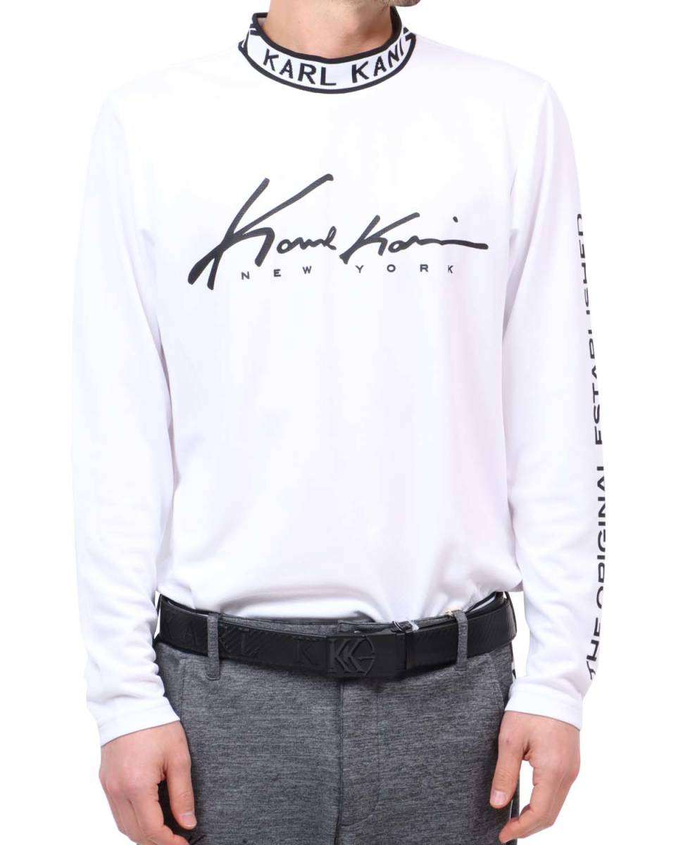★未使用・メンズ★カールカナイ ゴルフ Karl Kani GOLF ストレッチ ジャガード リブ シェブロンHDロゴ ハイネックロンT 白 L 定価9，990円
