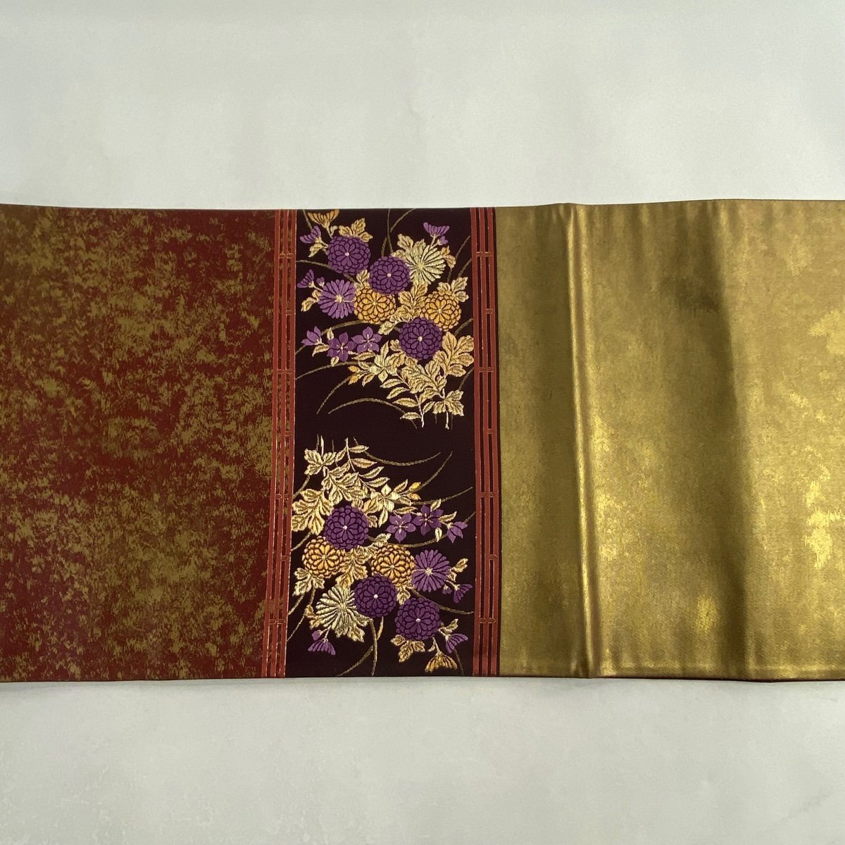袋帯 名品 落款 帝王紫 秋草 波頭 金糸 本金漆箔 赤茶 お太鼓柄