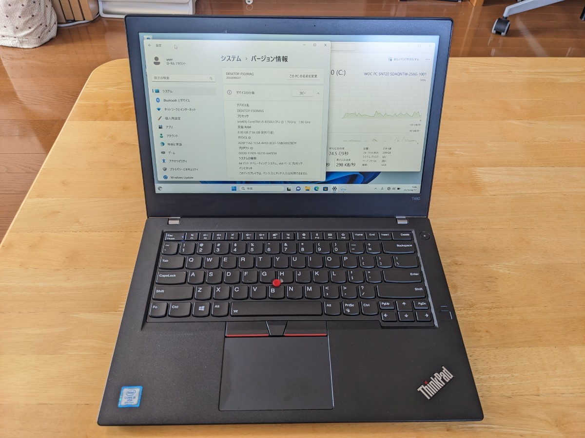 Lenovo ThinkPad T480 Core i5-8350U 8GB SSD 239GB Windows11 英語 