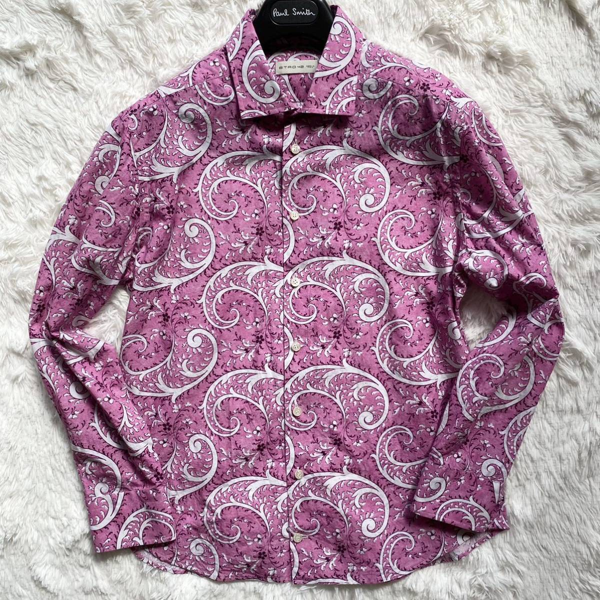 大きいサイズ! エトロ【圧巻のペイズリー】ETRO 長袖シャツ 総柄シャツ ピンク 桃色 42 L〜XL位 LL コットン 綿