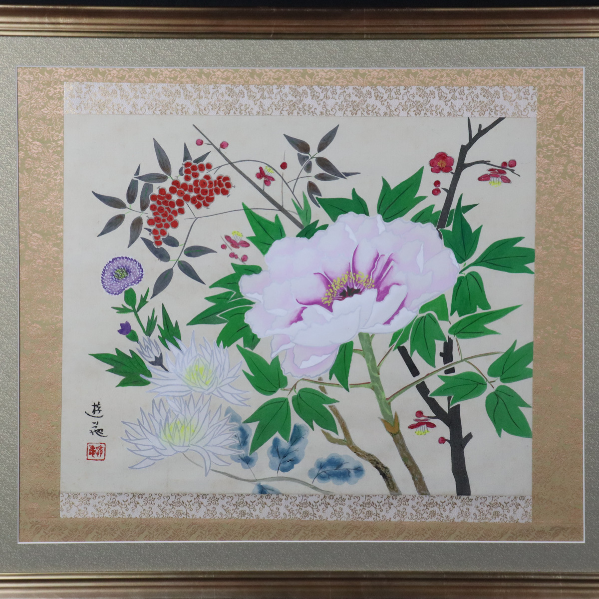 宙 模写 小倉遊亀 四季花図 絹本 日本画 10号 サイン落款有 額装 文化 