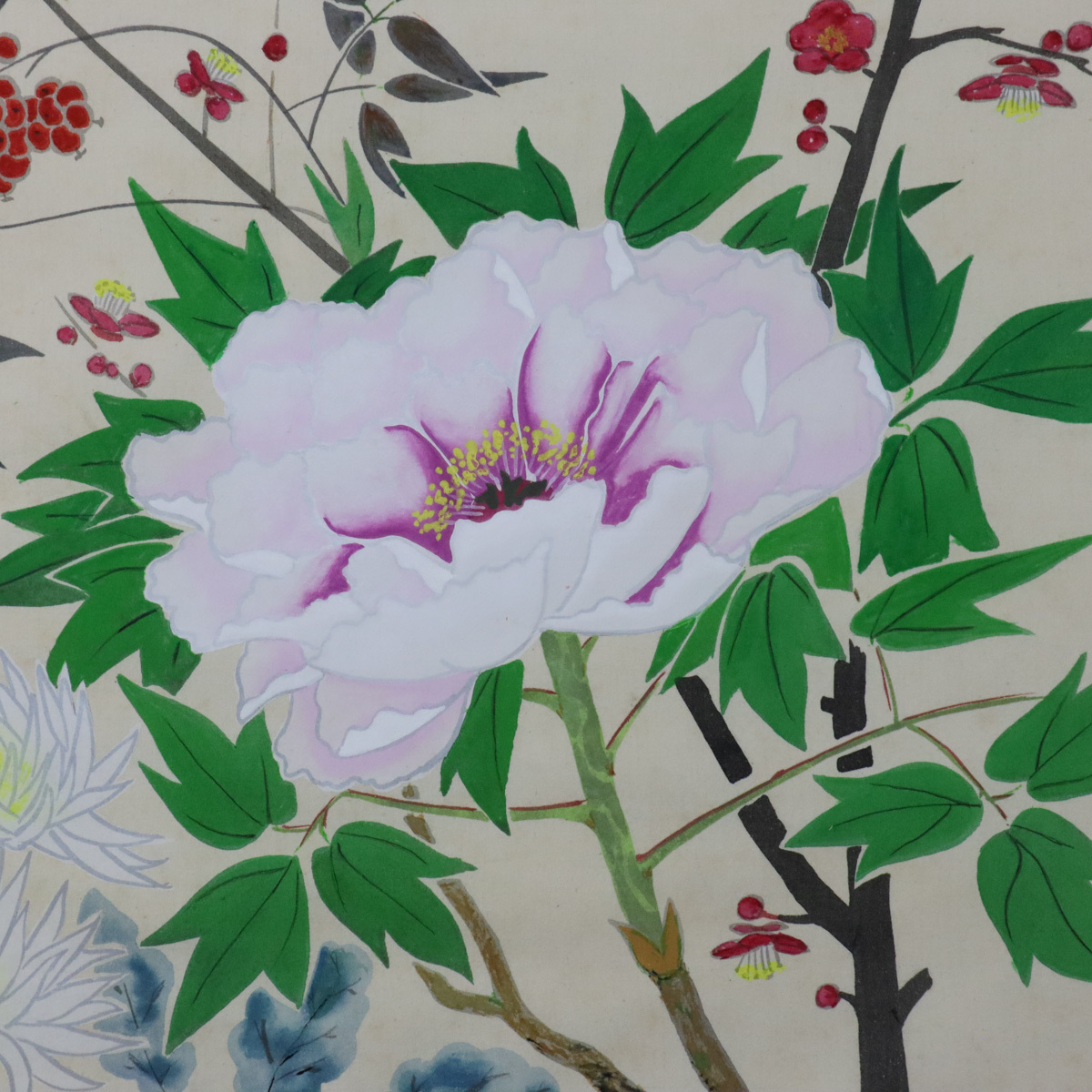 宙 模写 小倉遊亀 四季花図 絹本 日本画 10号 サイン落款有 額装 文化 