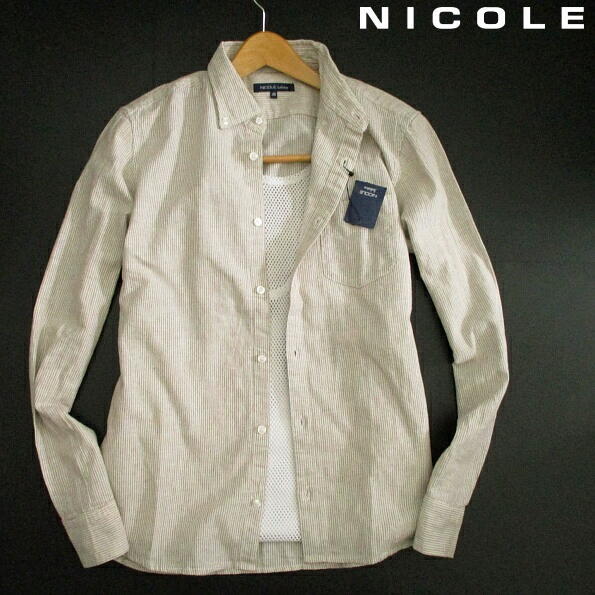 新品▼ 春夏　ニコル　リネンシャツ　麻混　ベージュ　ストライプ　未使用　48　Lサイズ　NICOLE　長袖シャツ　メンズ