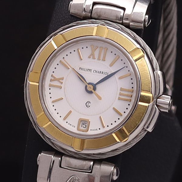 1円 稼働 良品 フィリップシャリオール QZ ケルティック デイト ラウンド 白文字盤 レディース腕時計 3973200YSD
