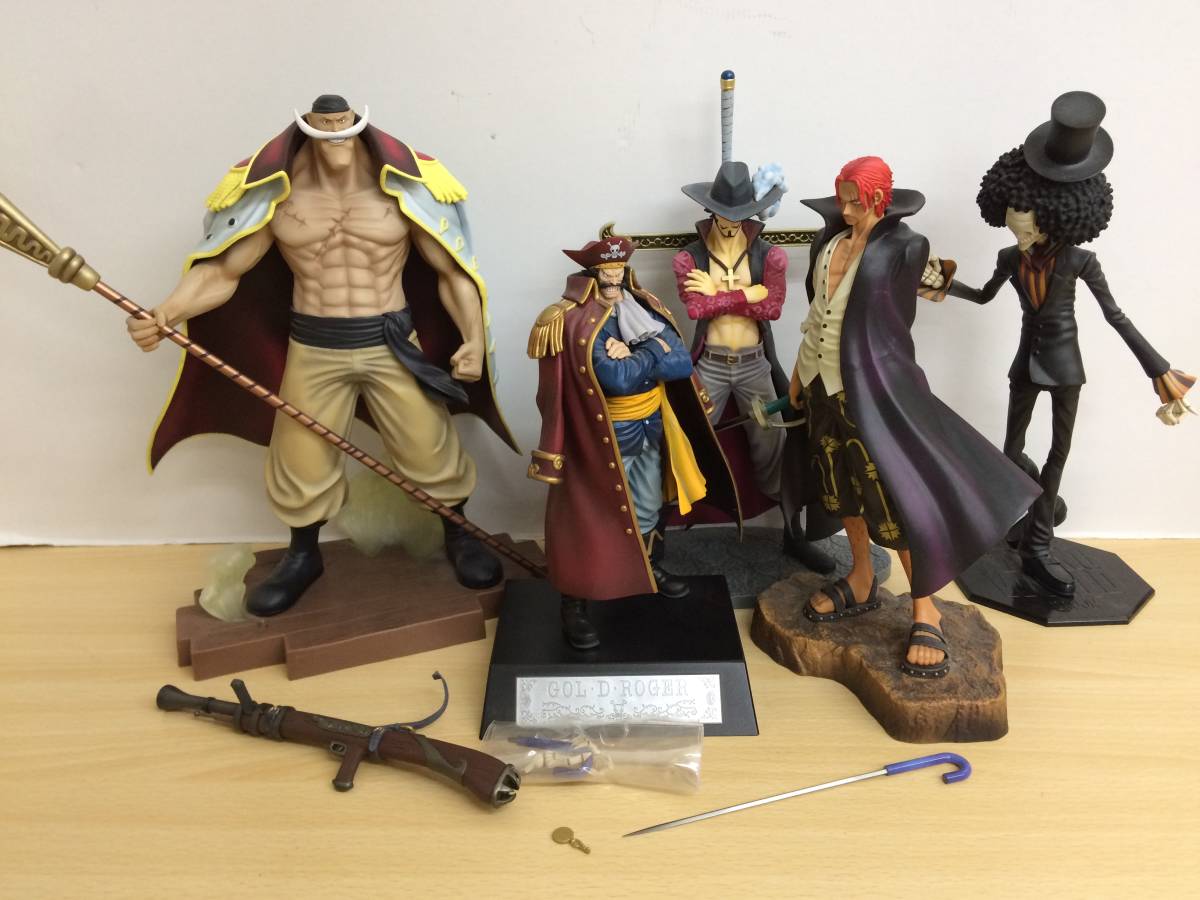 K-24/1円スタート ジャンク品 ONE PIECE 一番くじ ロジャー 白ひげ シャンクス ミホーク 4点セット+POP ブルック ストロングワールド