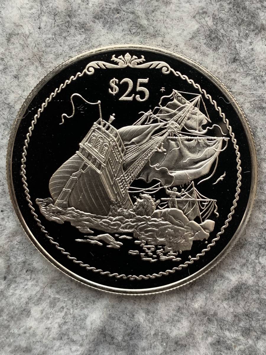 英領ヴァージン諸島　新大陸発見500周年/難破船　1992年　25ドルプルーフ 銀貨 /直径40mm