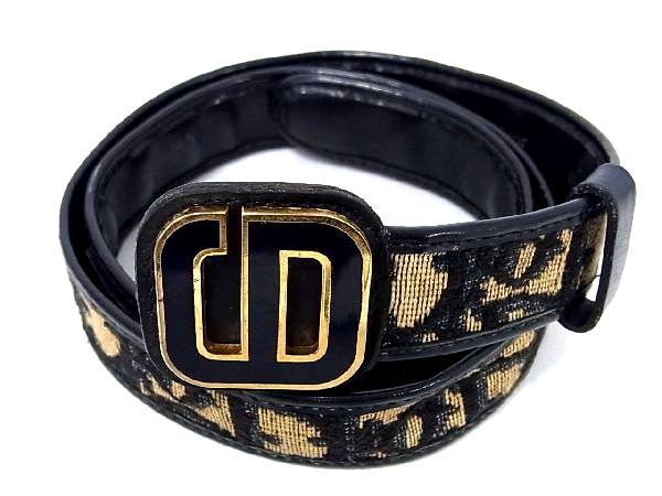 1円 Christian Dior ディオール ヴィンテージ トロッター キャンバス×レザー ゴールド金具 ベルト レディース ネイビー系 AM0948