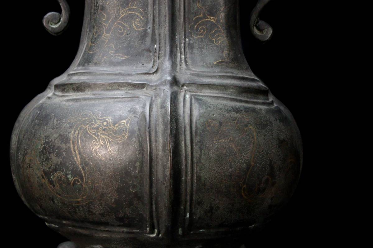 ◇錵◇2 中国古玩 銅製 金象嵌四足双耳連葉瓶