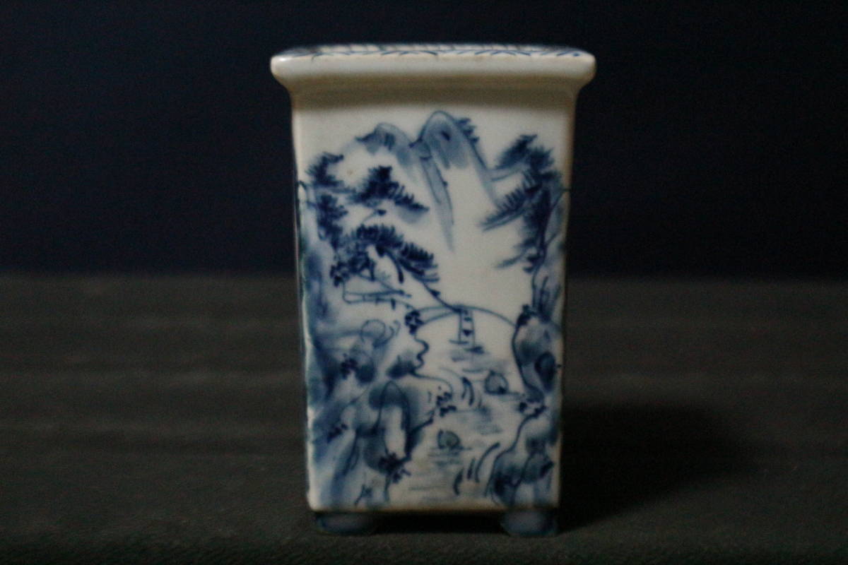 青絵正方鉢 作家鉢 小品盆栽 植木鉢 初期作 展示会 中国 山水図 6.4cm