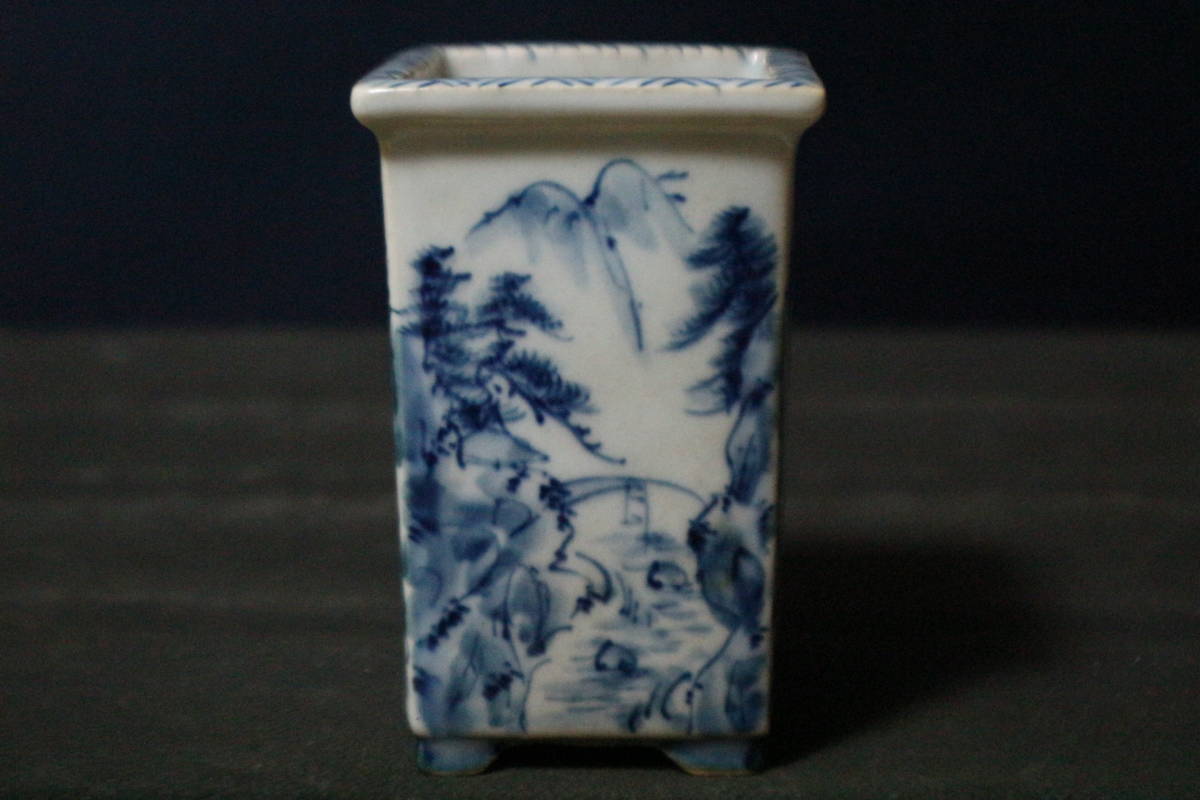 青絵正方鉢 作家鉢 小品盆栽 植木鉢 初期作 展示会 中国 山水図 6.4cm