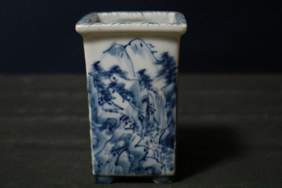 青絵正方鉢 作家鉢 小品盆栽 植木鉢 初期作 展示会 中国 山水図 6.4cm