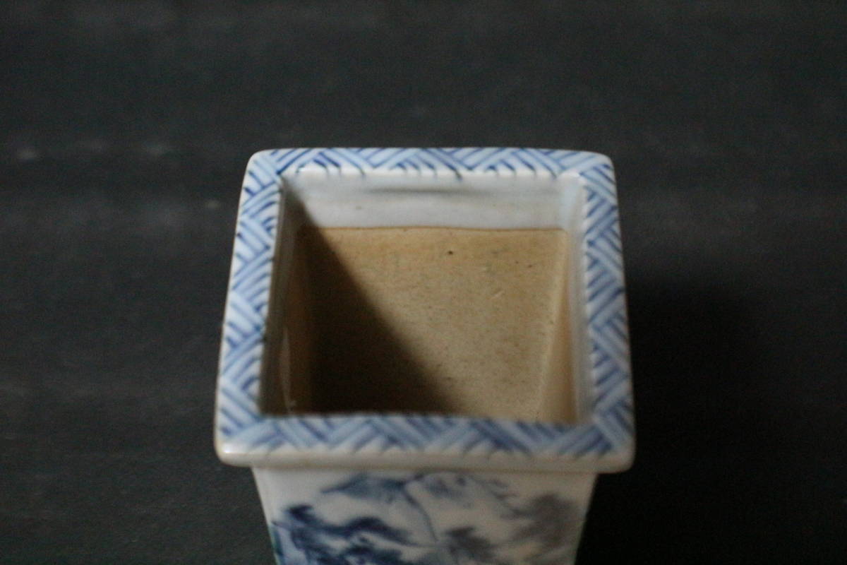 青絵正方鉢 作家鉢 小品盆栽 植木鉢 初期作 展示会 中国 山水図 6.4cm