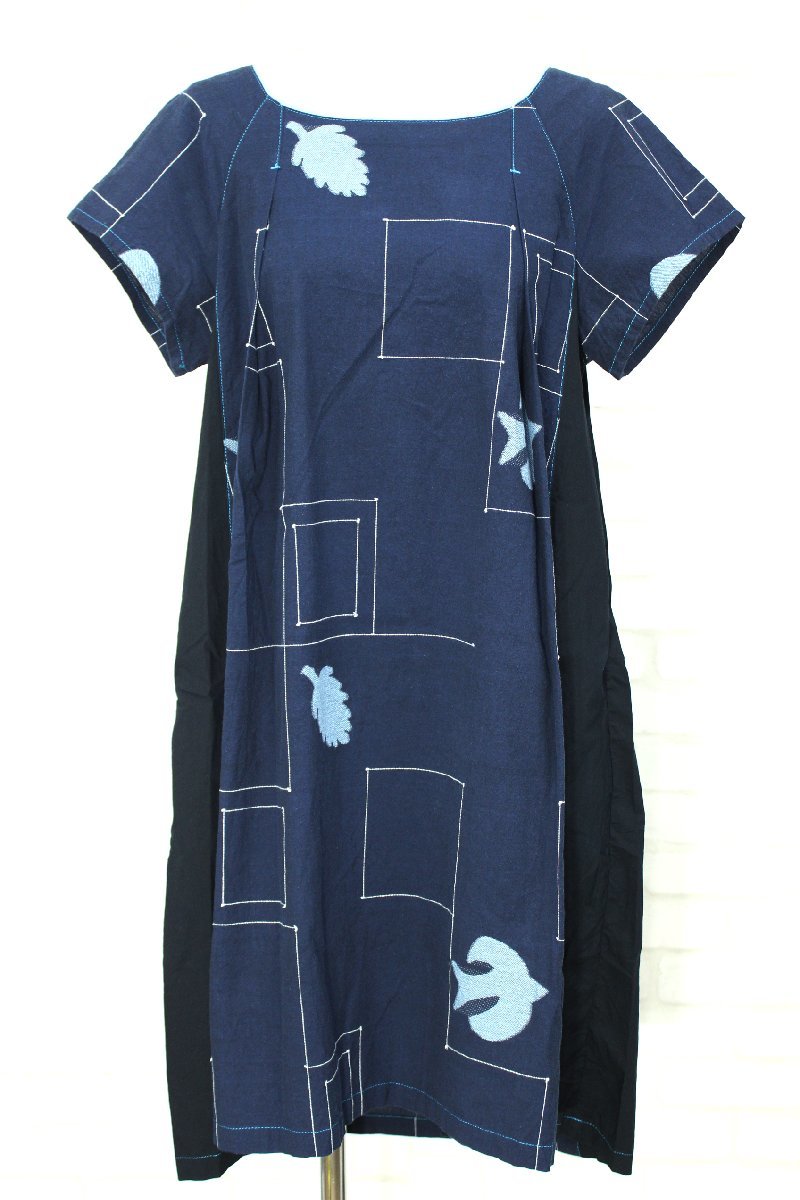 2019年美品 J.branche/センソユニコ 切替ジャガード半袖ワンピース 紺38 mf438