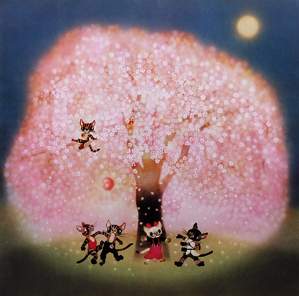 ◇人気影絵作家◇藤城清治◇夜桜◇リトグラフ◇幻想的◇桜◇猫