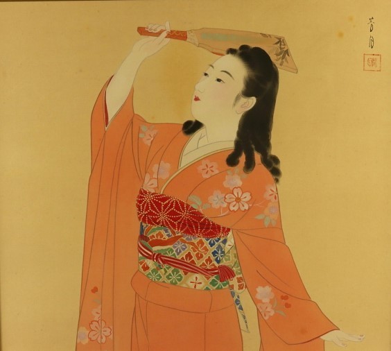 2172□【真作】横尾芳月 「羽根」 共シール付き 日本画 絹本 伊藤深水
