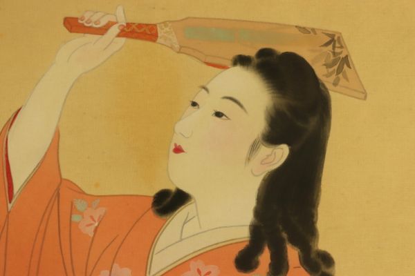 2172□【真作】横尾芳月 「羽根」 共シール付き 日本画 絹本 伊藤深水
