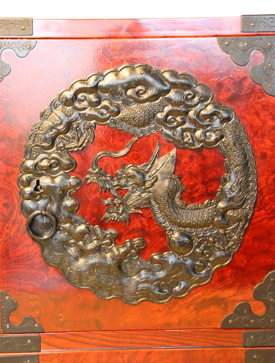 仙台箪笥 雲龍文金具 三段 小箪笥/和箪笥/船箪笥 小引出 細密彫金/飾り 