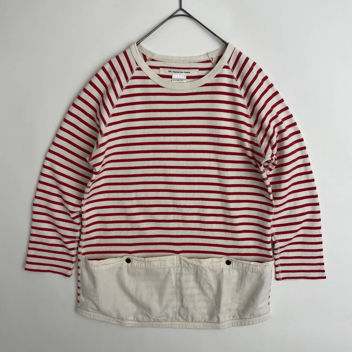 EEL Bifu Poke TEE- size/M (i) イール ビフポケティー ボーダーカットソー ７部袖 Tシャツ ホワイト レッド japan