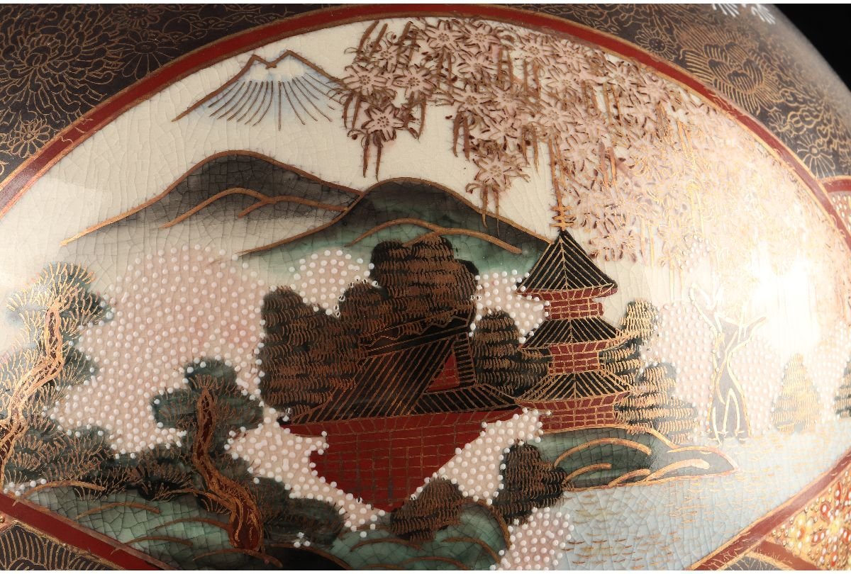 URA]九谷 連山 造/色絵金彩扇面花鳥風景花詰文大花瓶/61cm/4-s6-181(検 
