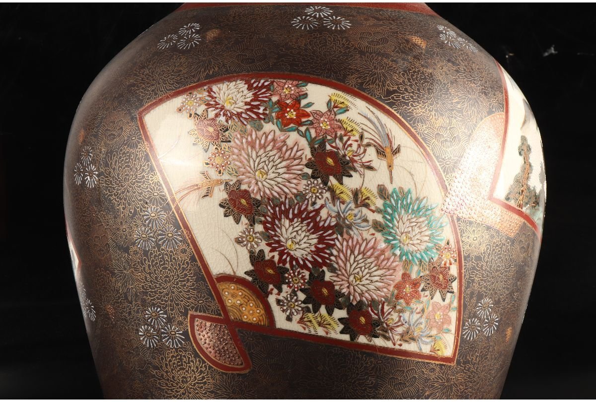 URA]九谷 連山 造/色絵金彩扇面花鳥風景花詰文大花瓶/61cm/4-s6-181(検 