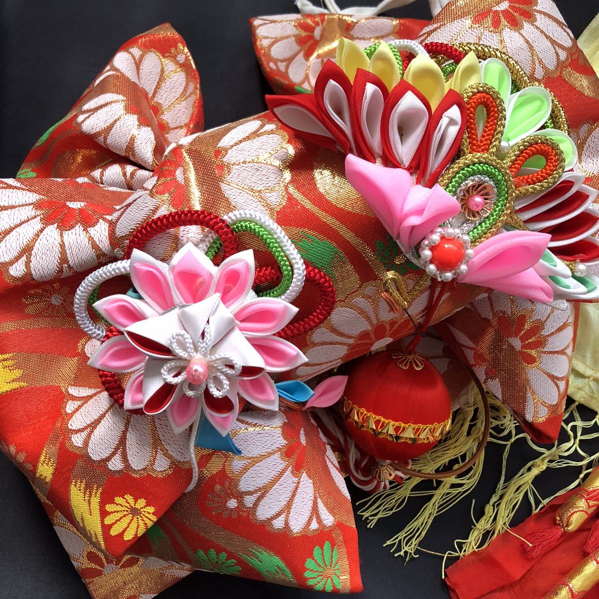 織姫R】 七五三 作り帯 結び帯 帯揚げ 帯幅18cm リボン横33cm 晴着 