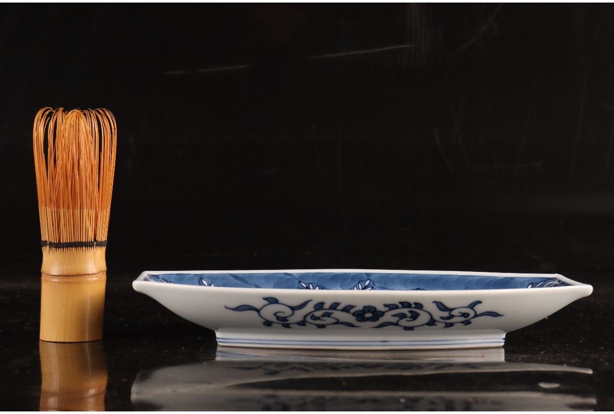 URA]館林源右衛門 作/染付葵流水絵舟形皿4客/共箱/7-5-09(検)骨董/料亭 