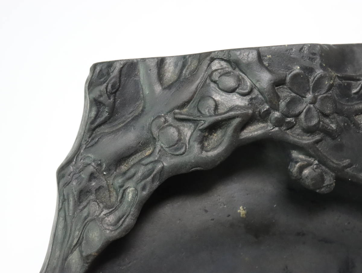 古硯 喜鵲 梅紋硯 唐木蓋付き 硯本体：13.4x11x1.9cm 端渓硯 中国