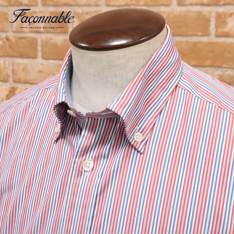 1円/Faconnable/XXLサイズ/シャツ さらっと先染ストライプ ボタンダウン 胸ポケット クラシコ 長袖 新品/赤×青/ek562/