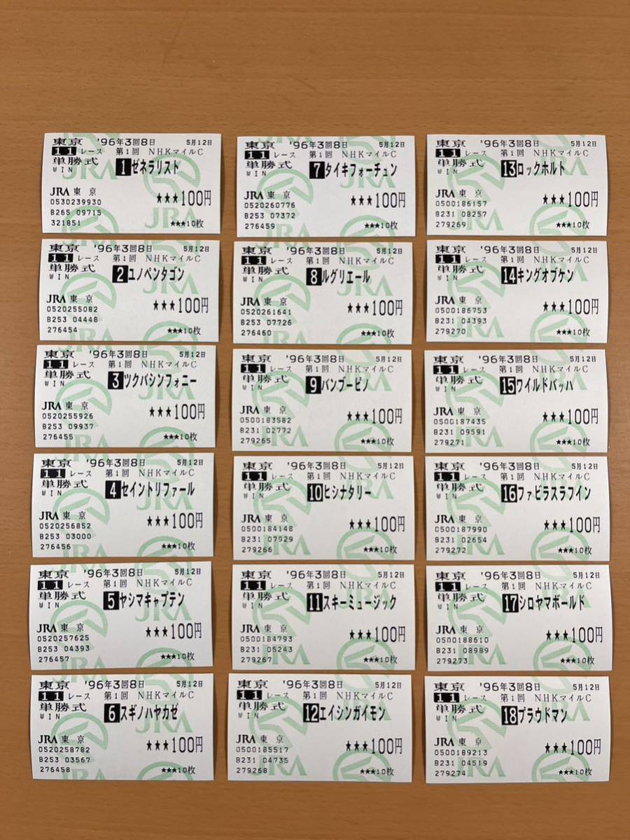 現地馬券 1996年 NHKマイルC 優勝馬タイキフォーチュン、ファビラスラフイン、スギノハヤカゼなど18頭