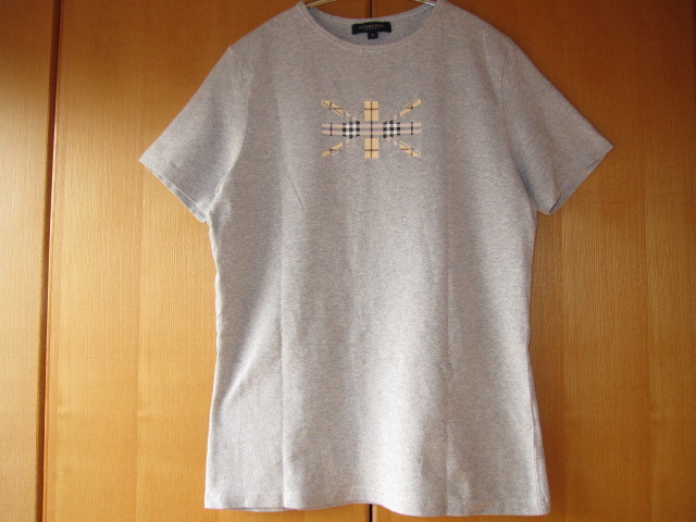 【バーバリーロンドン★グレー 胸プリント 半袖Ｔシャツ ストレッチ★Ｌ】