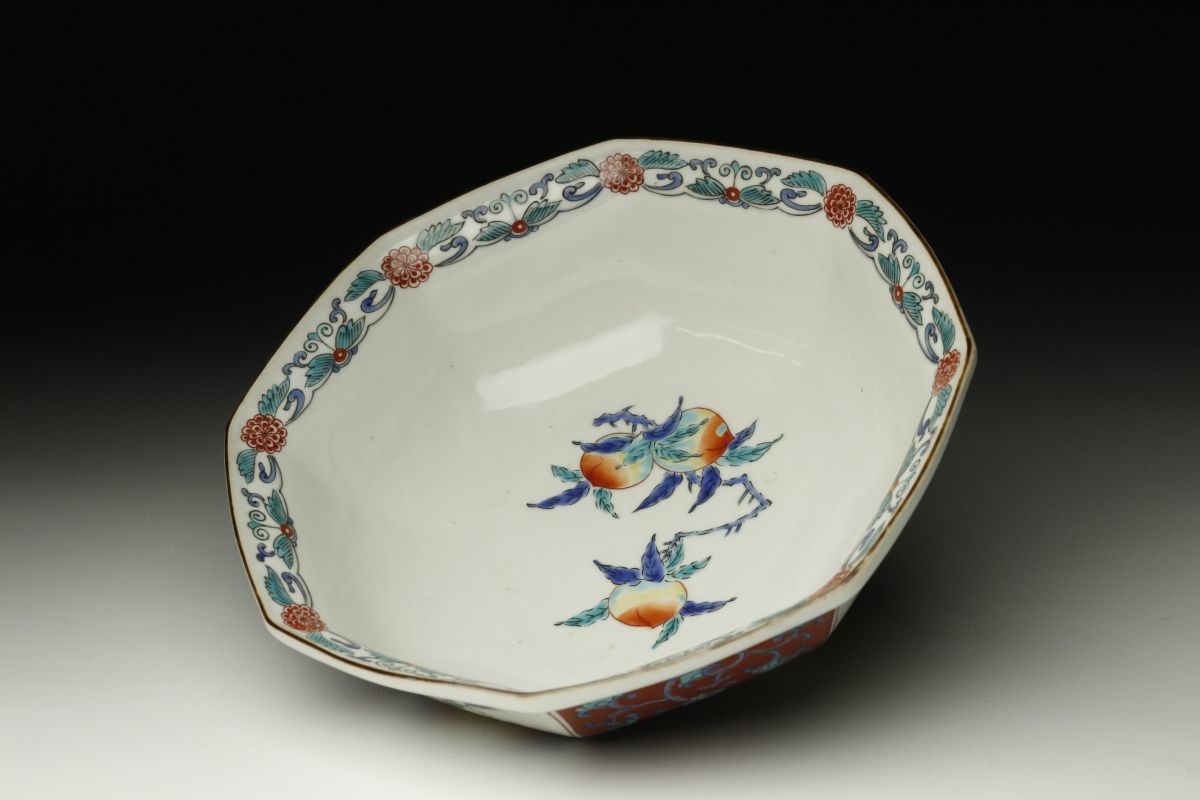 LIG】古伊万里 柿右衛門様式 色絵 枝桃文八角鉢 19.5㎝ 古