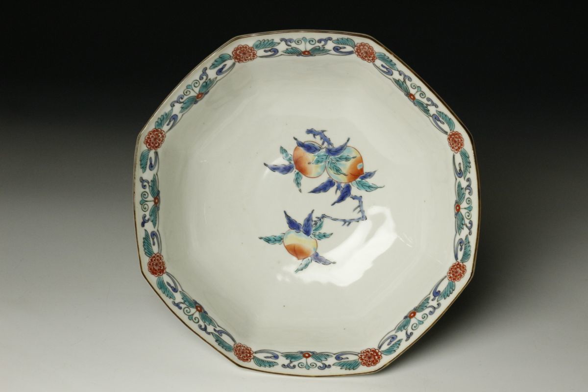 古伊万里　角青印　丸鉢　3客 LIG】古伊万里 柿右衛門様式 色絵 枝桃文八角鉢 19.5㎝ 古