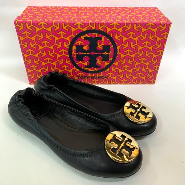 ★TORY BURCH★トリーバーチ ブラックレザー バレエシューズ フラットシューズ 黒色 ゴールド 全長25.5cm 箱入り 中古品【M】