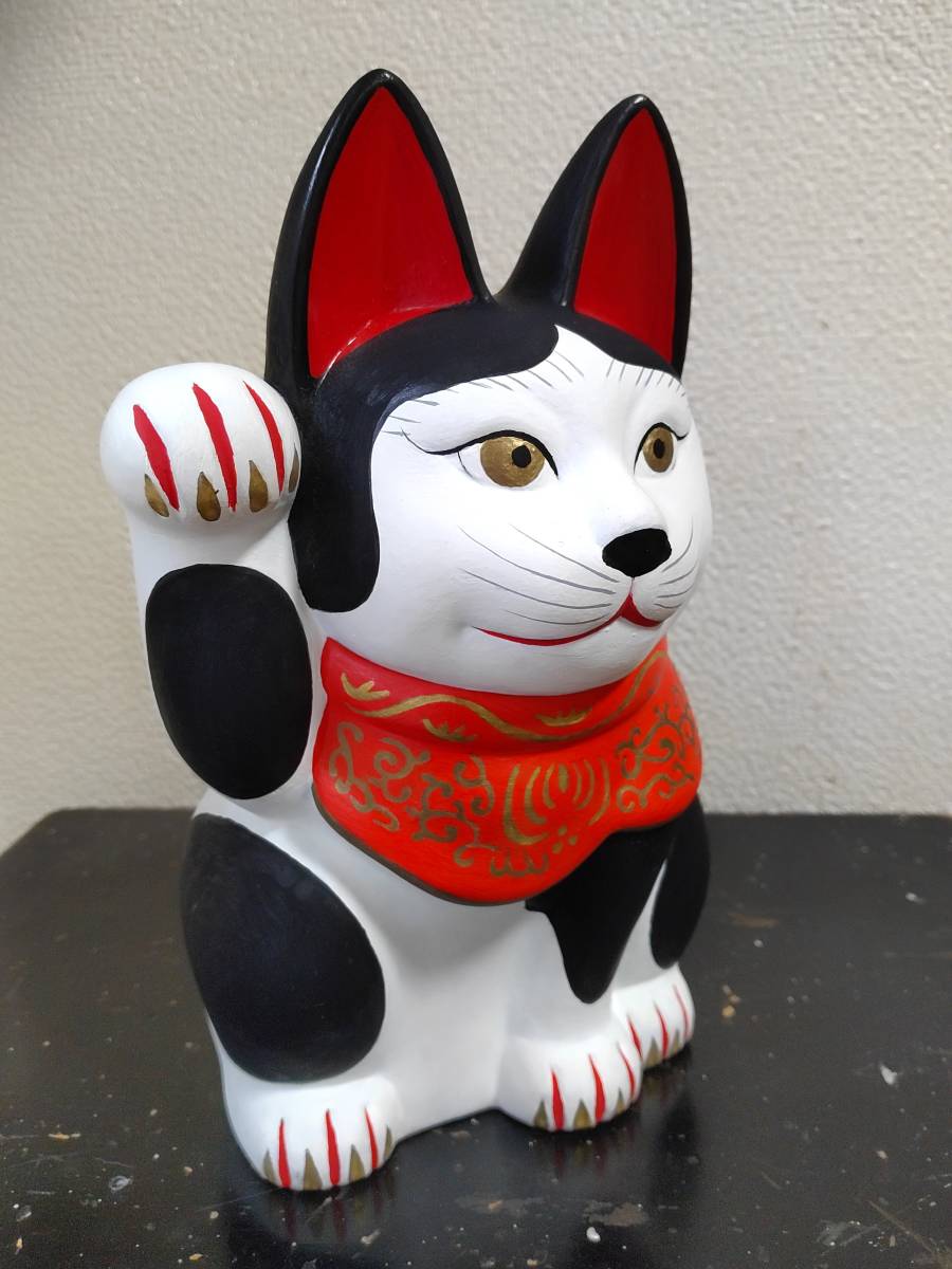 三河招き猫 赤前垂れ 土人形 コレクター放出品 郷土玩具 美品