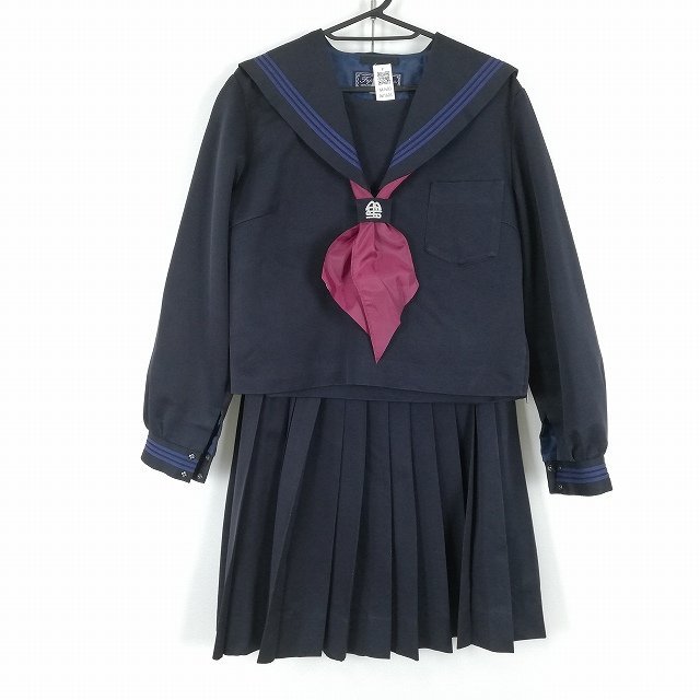 1円 セーラー服 スカート スカーフ 上下3点セット 指定 大きいサイズ 富士ヨット 冬物 青3本線 女子 滋賀野洲中学 紺 中古 ランクC NA1603