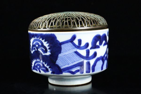 希少 長崎亀山焼 染付山水図香炉 江戸後期 銀火屋 時代箱 伝/長崎奉行