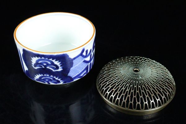 希少 長崎亀山焼 染付山水図香炉 江戸後期 銀火屋 時代箱 伝/長崎奉行